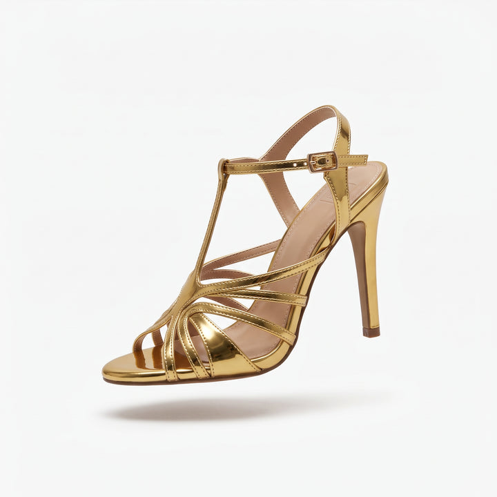 TC 4.5-inch Lyndzy Gold Stiletto High Heel Sandals with T-Strap and Back Buckle Strap