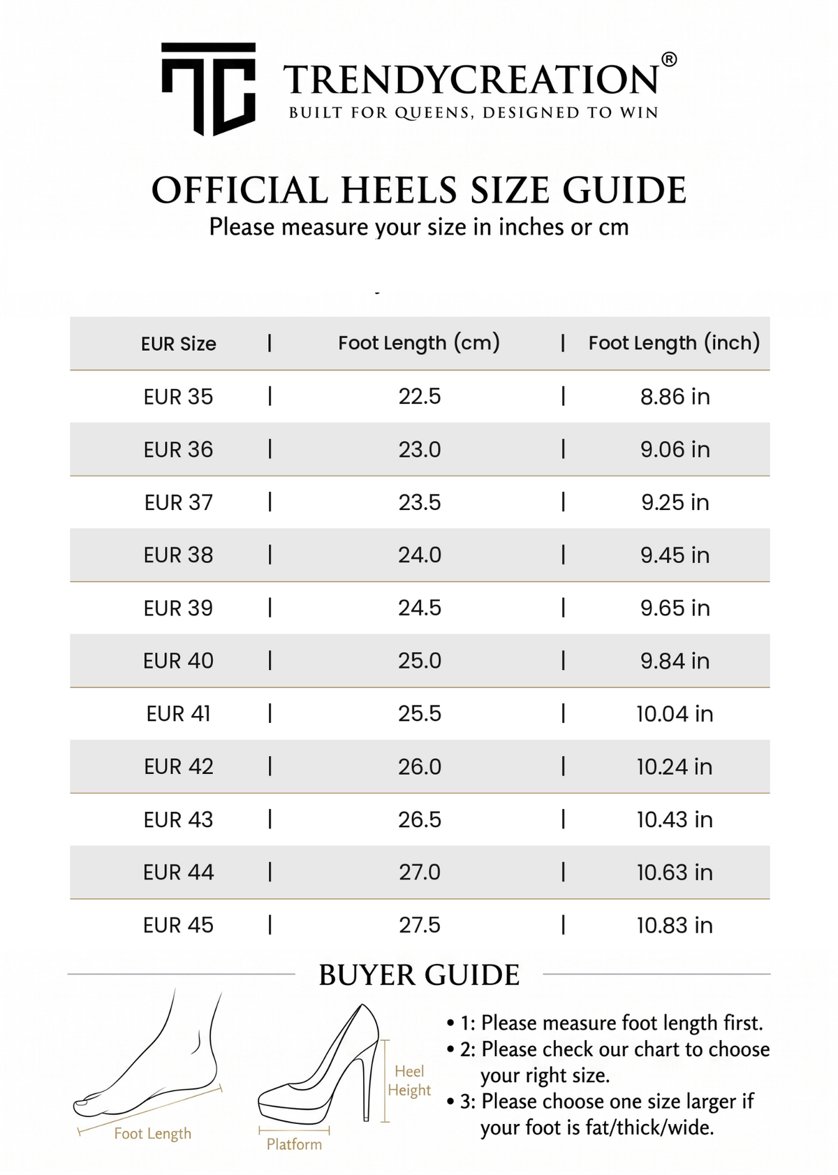 TrendyCreation pageant heels and high heels size guide — EU 35–45, foot length in cm and inches.